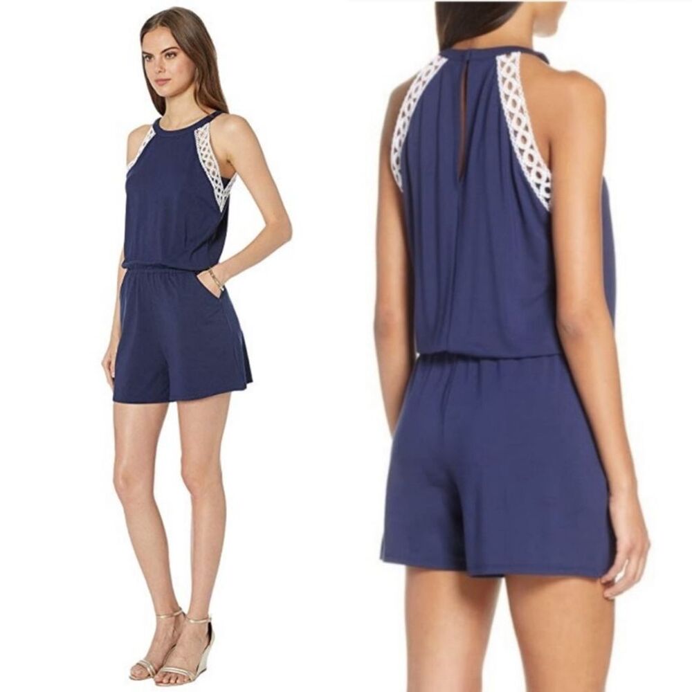 Lilly Pulitzer Lala Romper Women's Large Blue Lace Trim Halter Neck